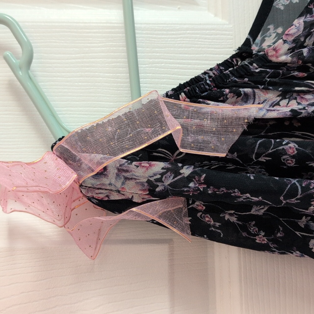 LoveShackFancy Silk Navy Midi Dress with Pink Floral Design - Picture 5 of 10